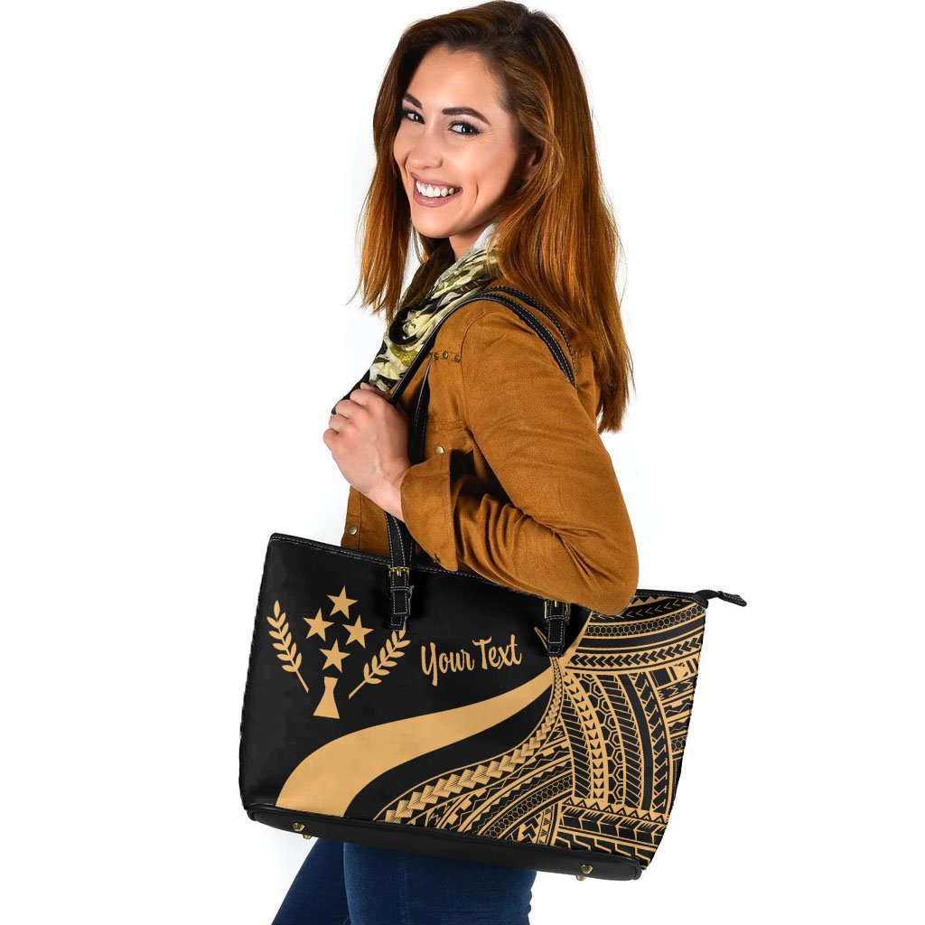 Kosrae Custom Personalised Large Leather Tote Bag - Gold Polynesian Tentacle Tribal Pattern Gold - Polynesian Pride