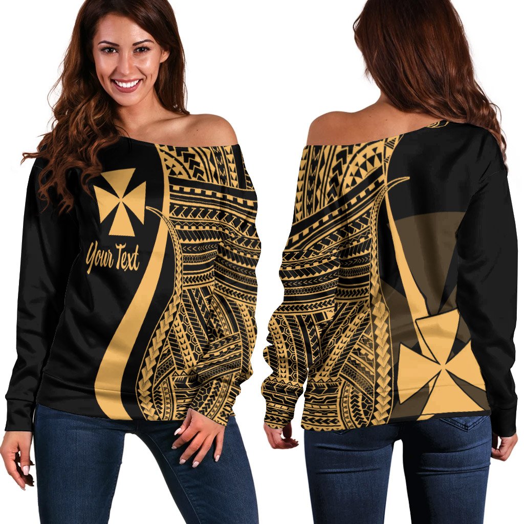 Wallis And Futuna Custom Personalised Women's Off Shoulder Sweater - Gold Polynesian Tentacle Tribal Pattern Gold - Polynesian Pride