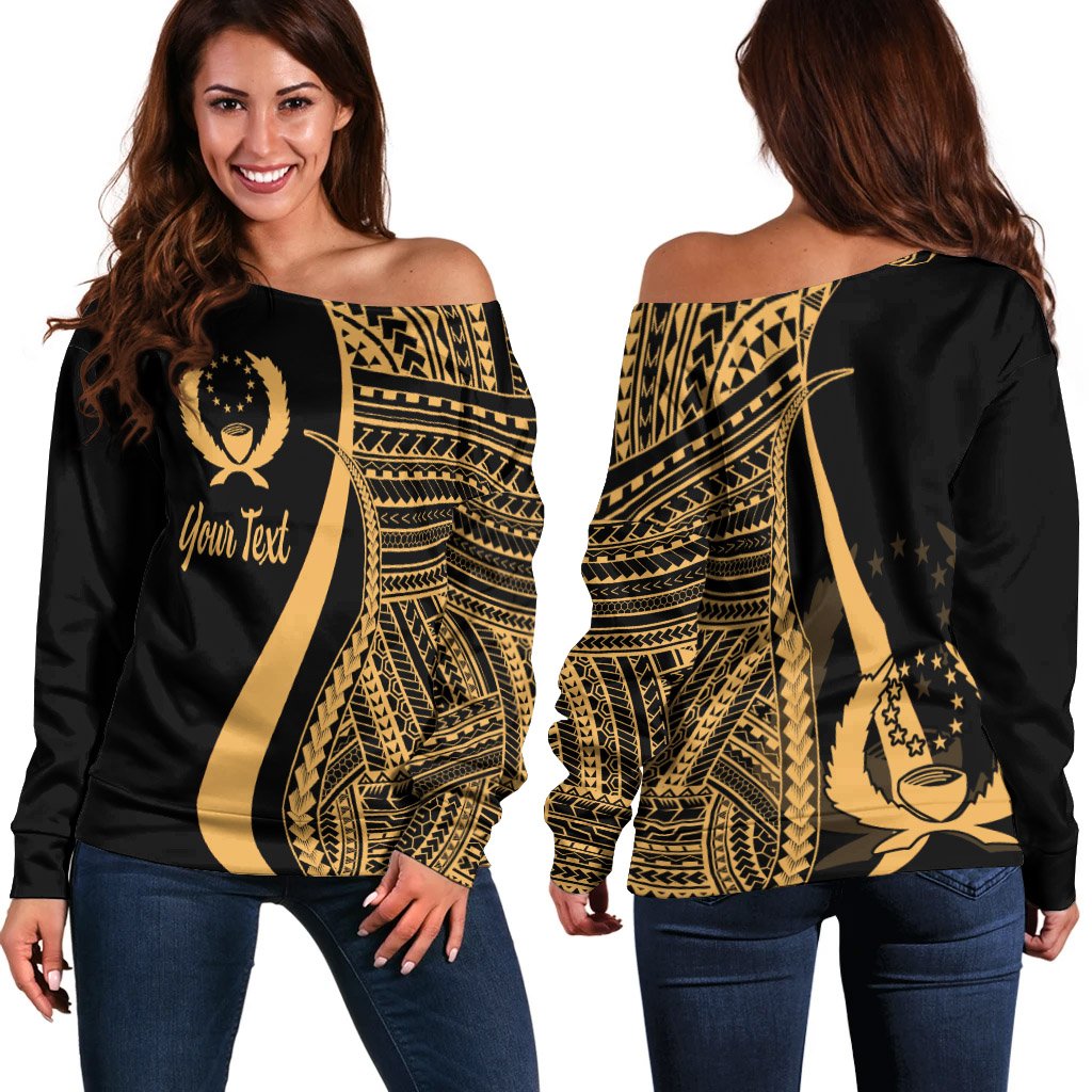 Pohnpei Custom Personalised Women's Off Shoulder Sweater - Gold Polynesian Tentacle Tribal Pattern Gold - Polynesian Pride