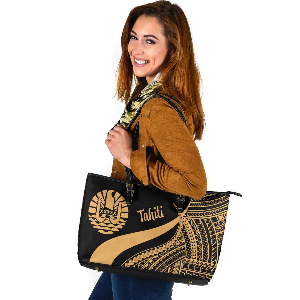 Tahiti Large Leather Tote Bag - Gold Polynesian Tentacle Tribal Pattern Gold - Polynesian Pride