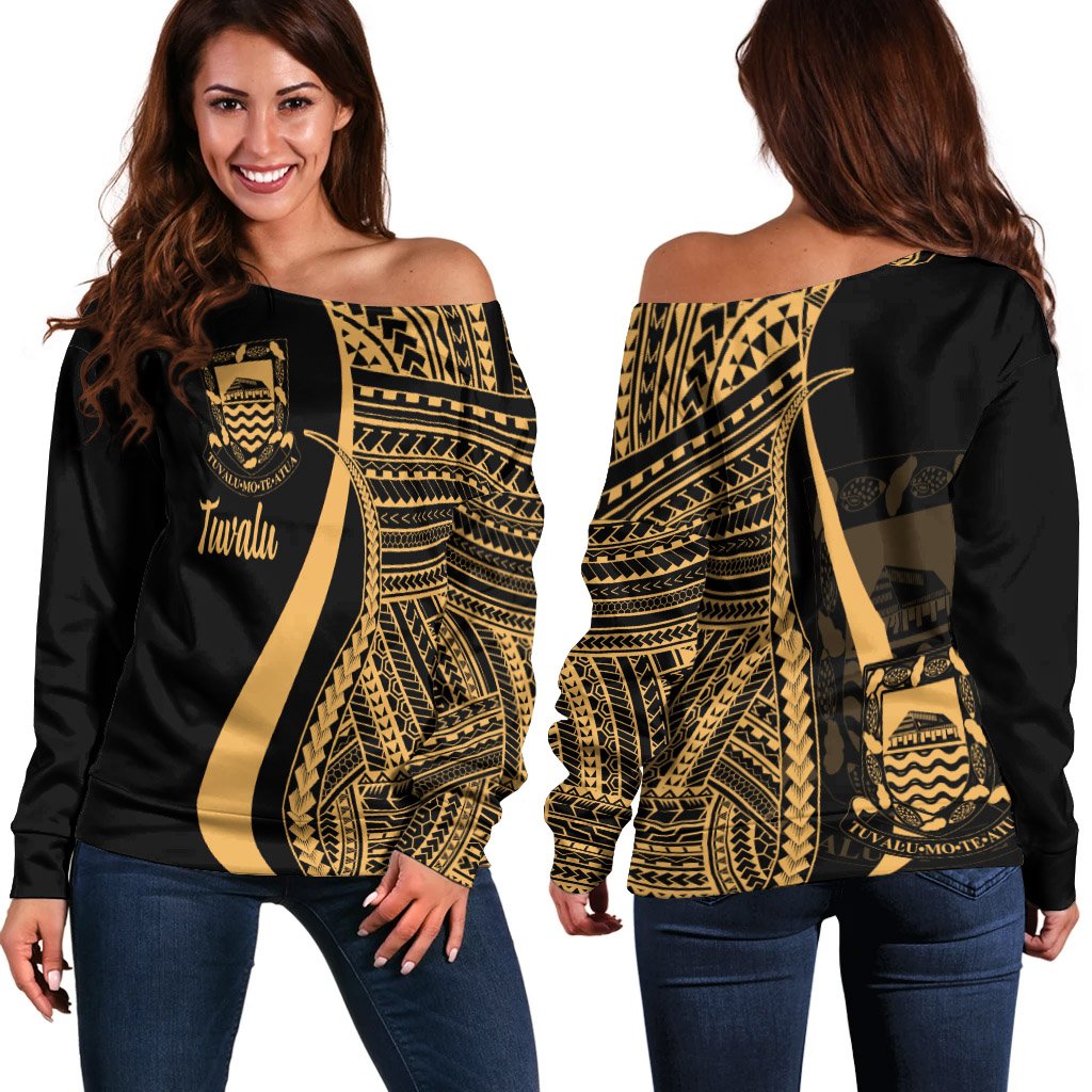 Tuvalu Women's Off Shoulder Sweater - Gold Polynesian Tentacle Tribal Pattern Gold - Polynesian Pride