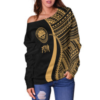Federated States of Micronesia Women's Off Shoulder Sweater - Gold Polynesian Tentacle Tribal Pattern - Polynesian Pride