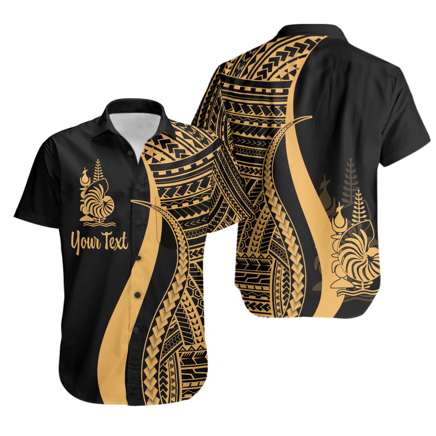 New Caledonia Custom Personalised Short Sleeve Shirts - Gold Polynesian Tentacle Tribal Pattern Crest Unisex Gold - Polynesian Pride