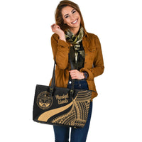 Marshall Islands Large Leather Tote Bag - Gold Polynesian Tentacle Tribal Pattern Crest - Polynesian Pride