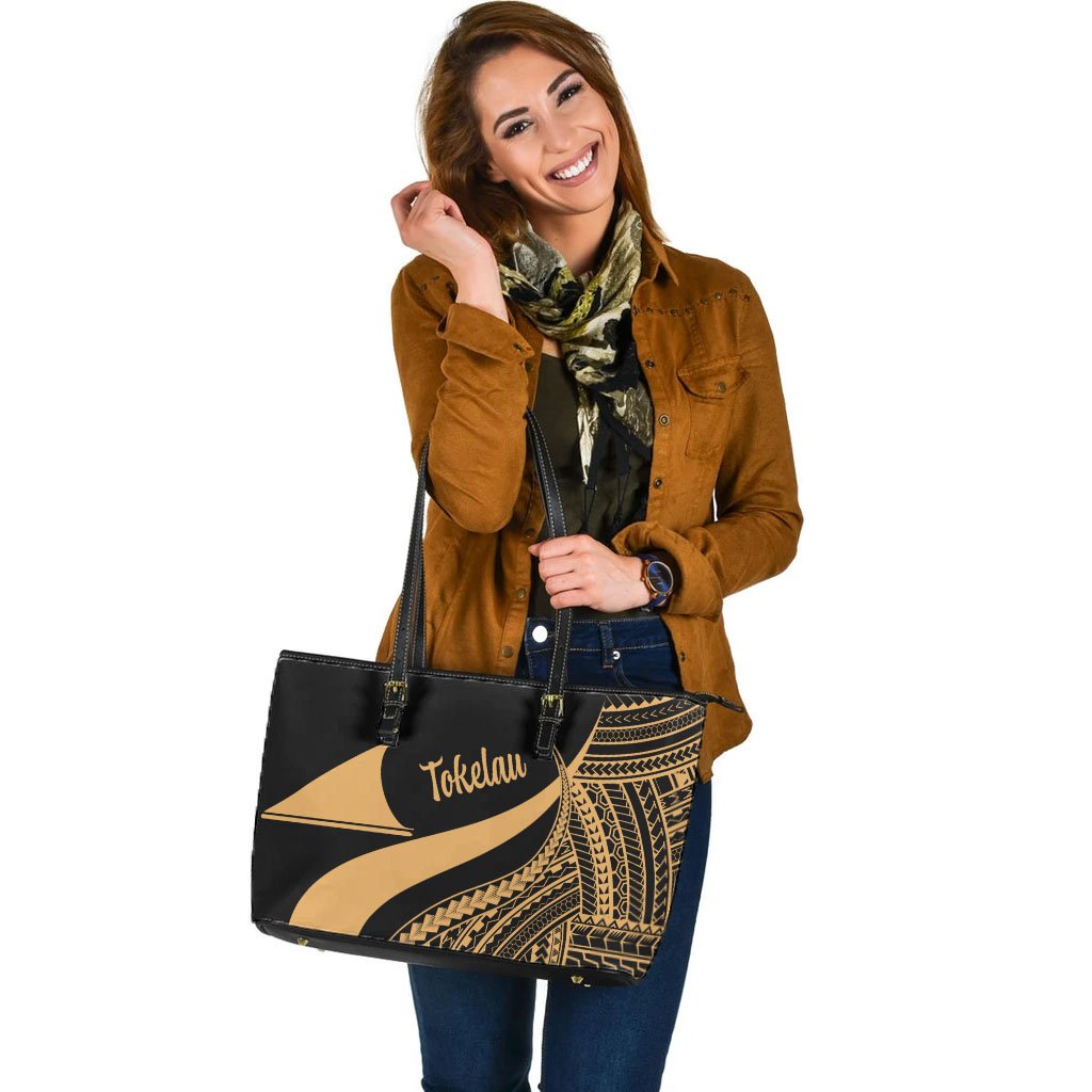 Tokelau Large Leather Tote Bag - Gold Polynesian Tentacle Tribal Pattern - Polynesian Pride