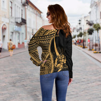 Tonga Women's Off Shoulder Sweater - Gold Polynesian Tentacle Tribal Pattern - Polynesian Pride