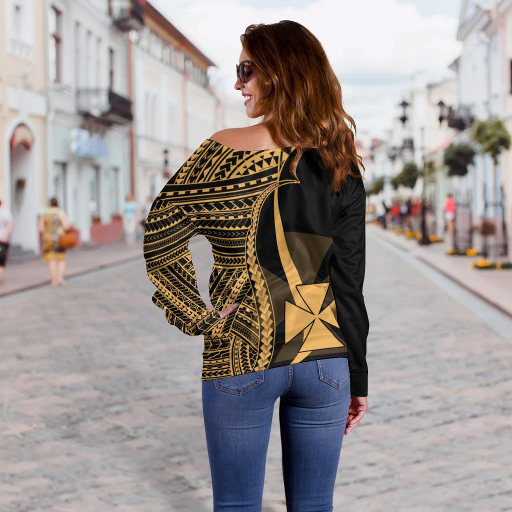 Wallis And Futuna Women's Off Shoulder Sweater - Gold Polynesian Tentacle Tribal Pattern - Polynesian Pride