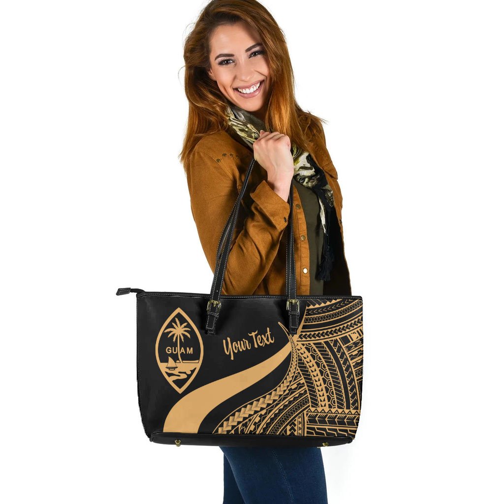 Guam Custom Personalised Large Leather Tote Bag - Gold Polynesian Tentacle Tribal Pattern Gold - Polynesian Pride