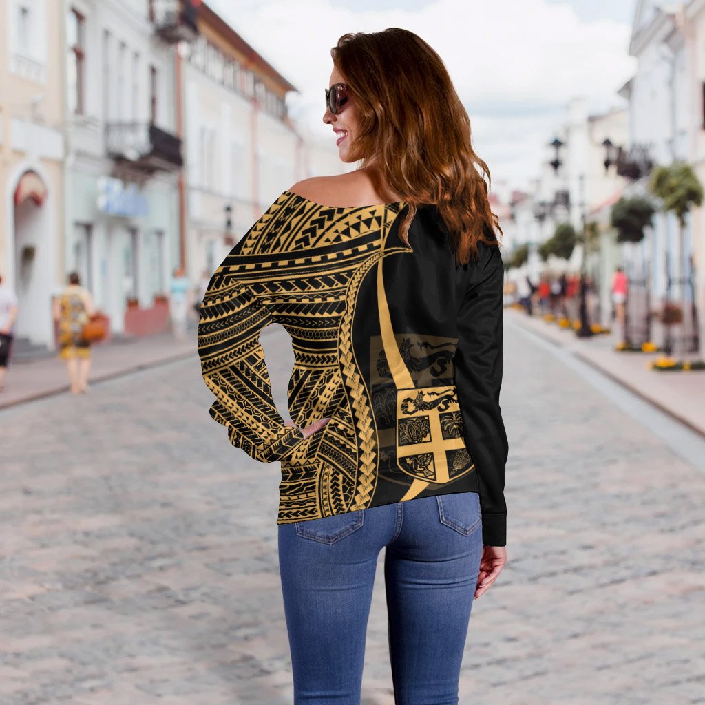 Fiji Custom Personalised Women's Off Shoulder Sweater - Gold Polynesian Tentacle Tribal Pattern - Polynesian Pride