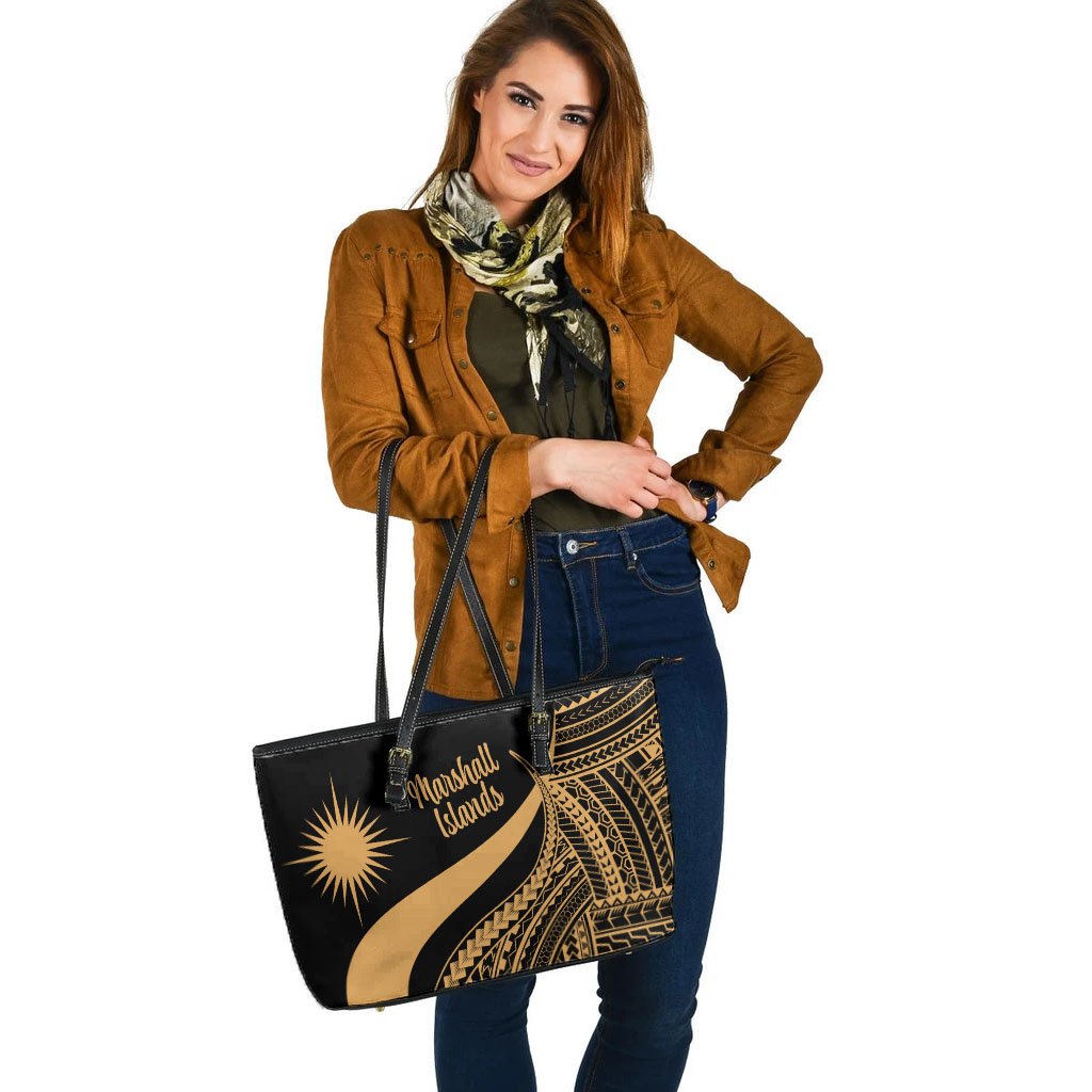 Marshall Islands Large Leather Tote Bag - Gold Polynesian Tentacle Tribal Pattern - Polynesian Pride