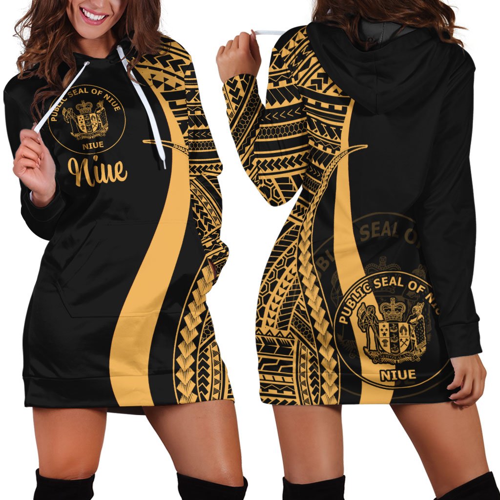 Niue Women's Hoodie Dress - Gold Polynesian Tentacle Tribal Pattern Gold - Polynesian Pride