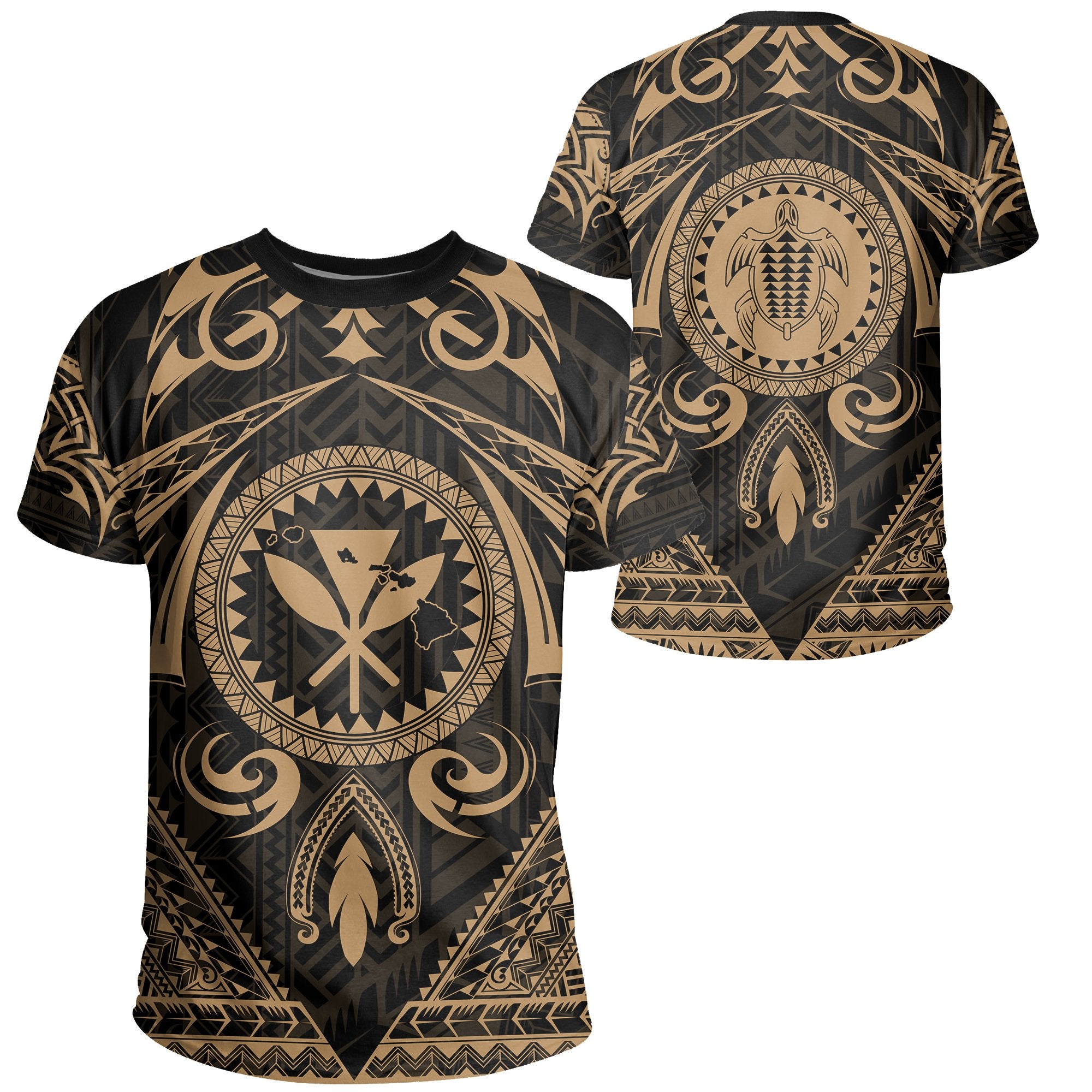 Hawaii Map Kanaka Turtle Polynesian T Shirt Circle Style Gold Unisex Gold - Polynesian Pride