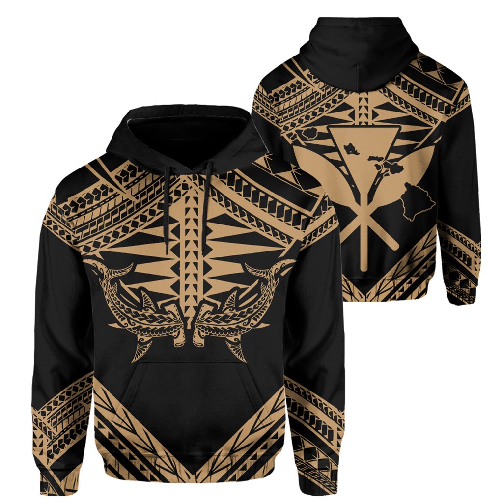 Hawaii Shark Polynesian Kanaka Gold Hoodie Candy Style Unisex Black - Polynesian Pride