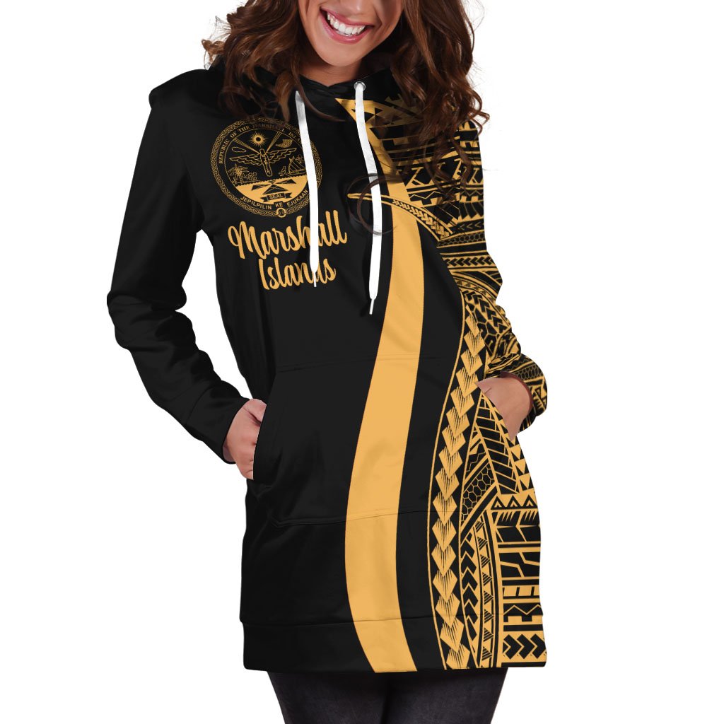 Marshall Islands Women's Hoodie Dress - Gold Polynesian Tentacle Tribal Pattern Crest - Polynesian Pride