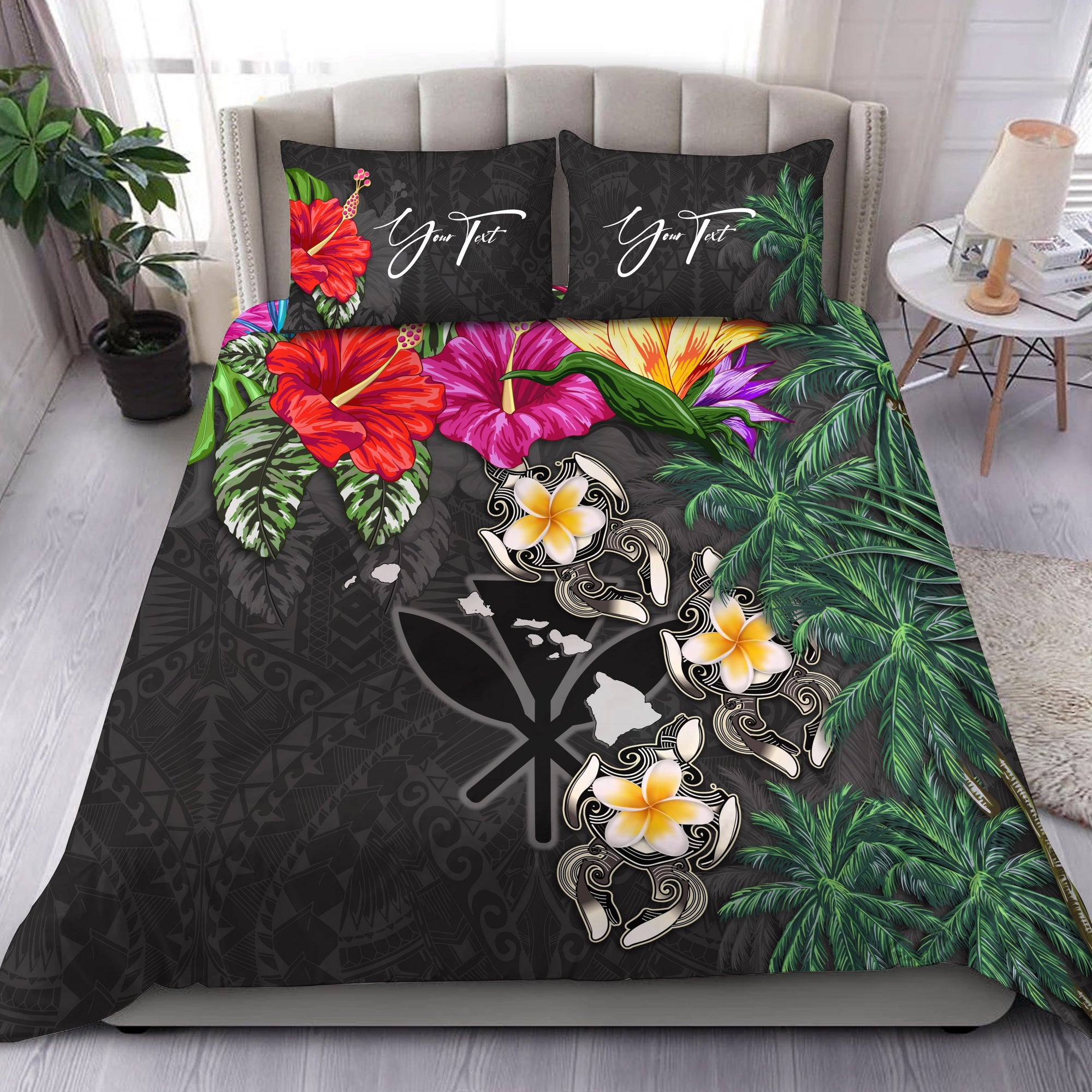 (Custom) Hawaii Bedding Set Hibiscus Turtle Gray Personal Signature Gray - Polynesian Pride