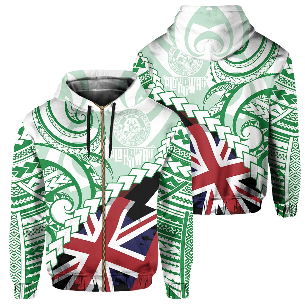 Polynesian Kakau Flag of Hawaii Zip Hoodie Green Unisex Green - Polynesian Pride