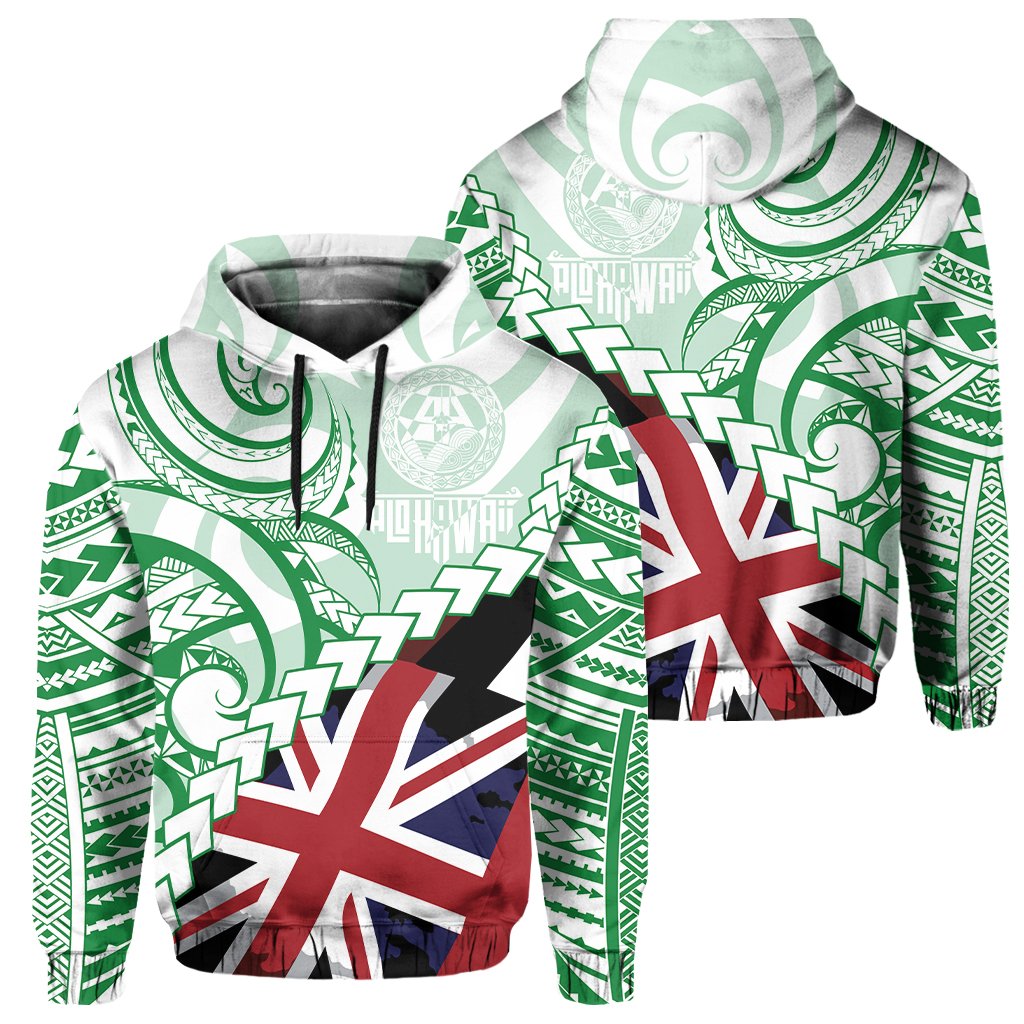 Polynesian Kakau Flag of Hawaii Hoodie Green Unisex Green - Polynesian Pride