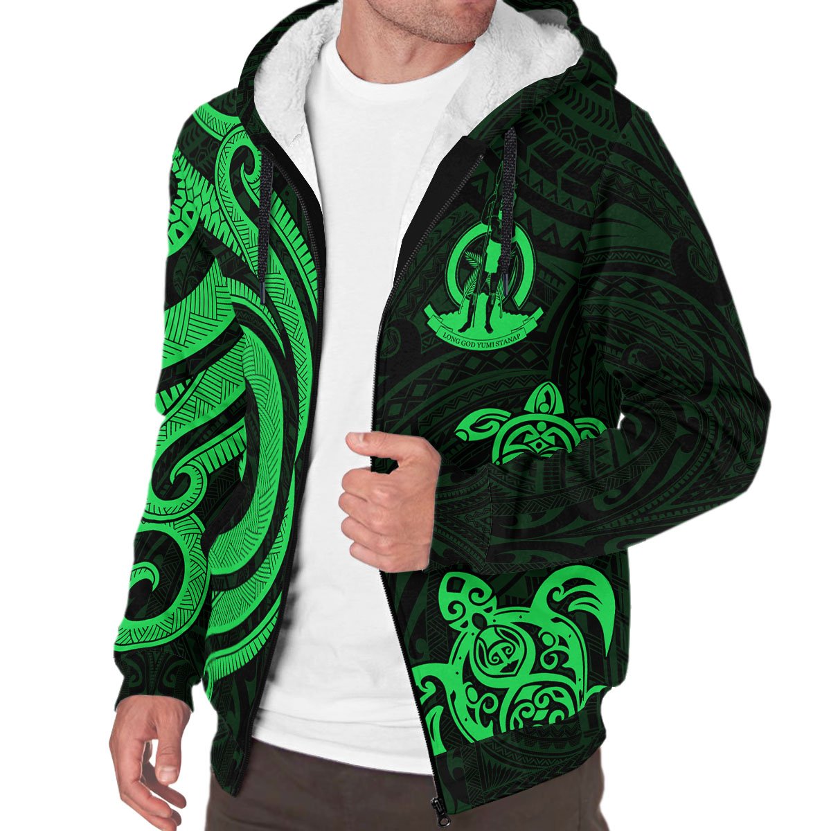 Vanuatu Sherpa Hoodie - Green Tentacle Turtle - Polynesian Pride