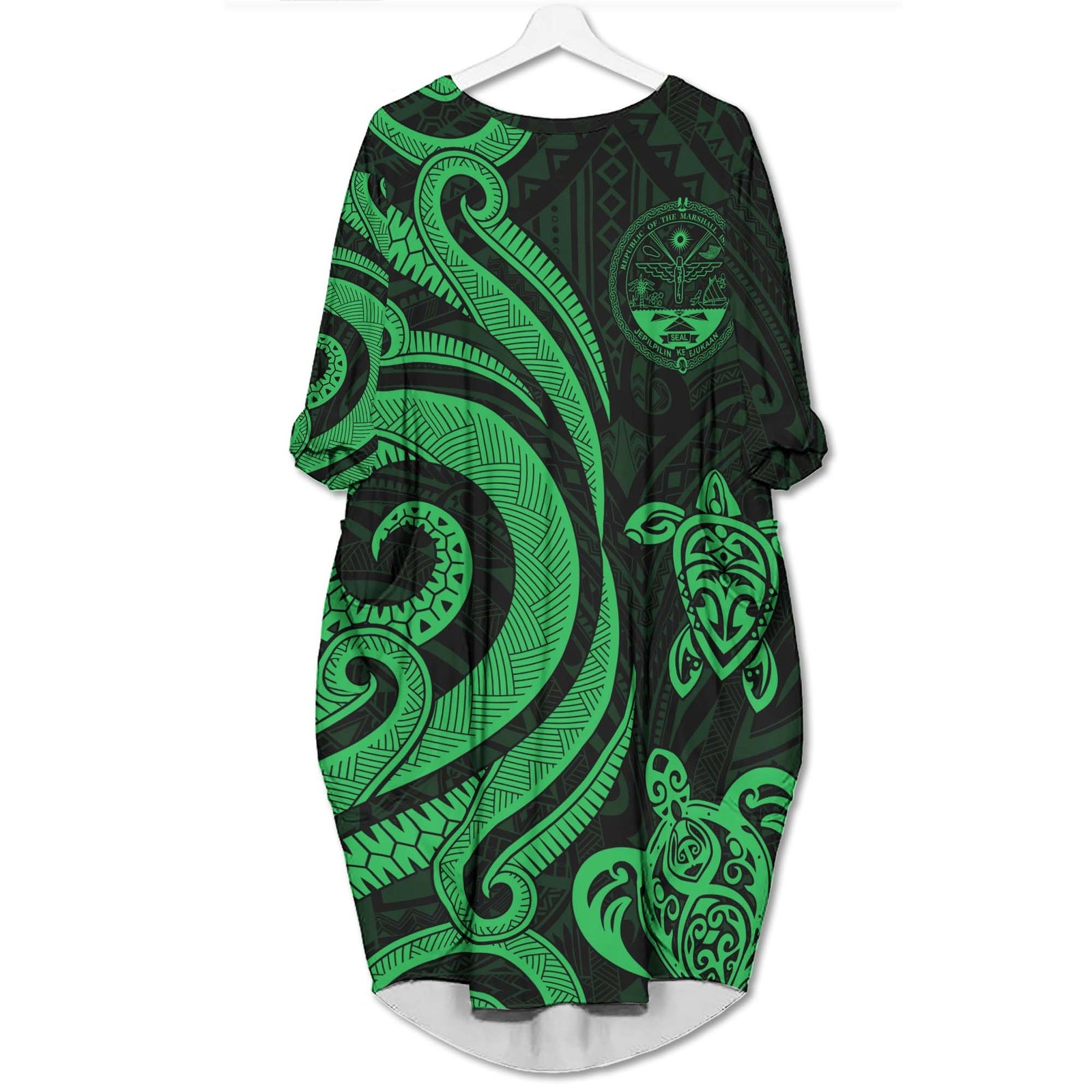 Marshall Islands Batwing Pocket Dress - Green Tentacle Turtle Crest Women Green - Polynesian Pride