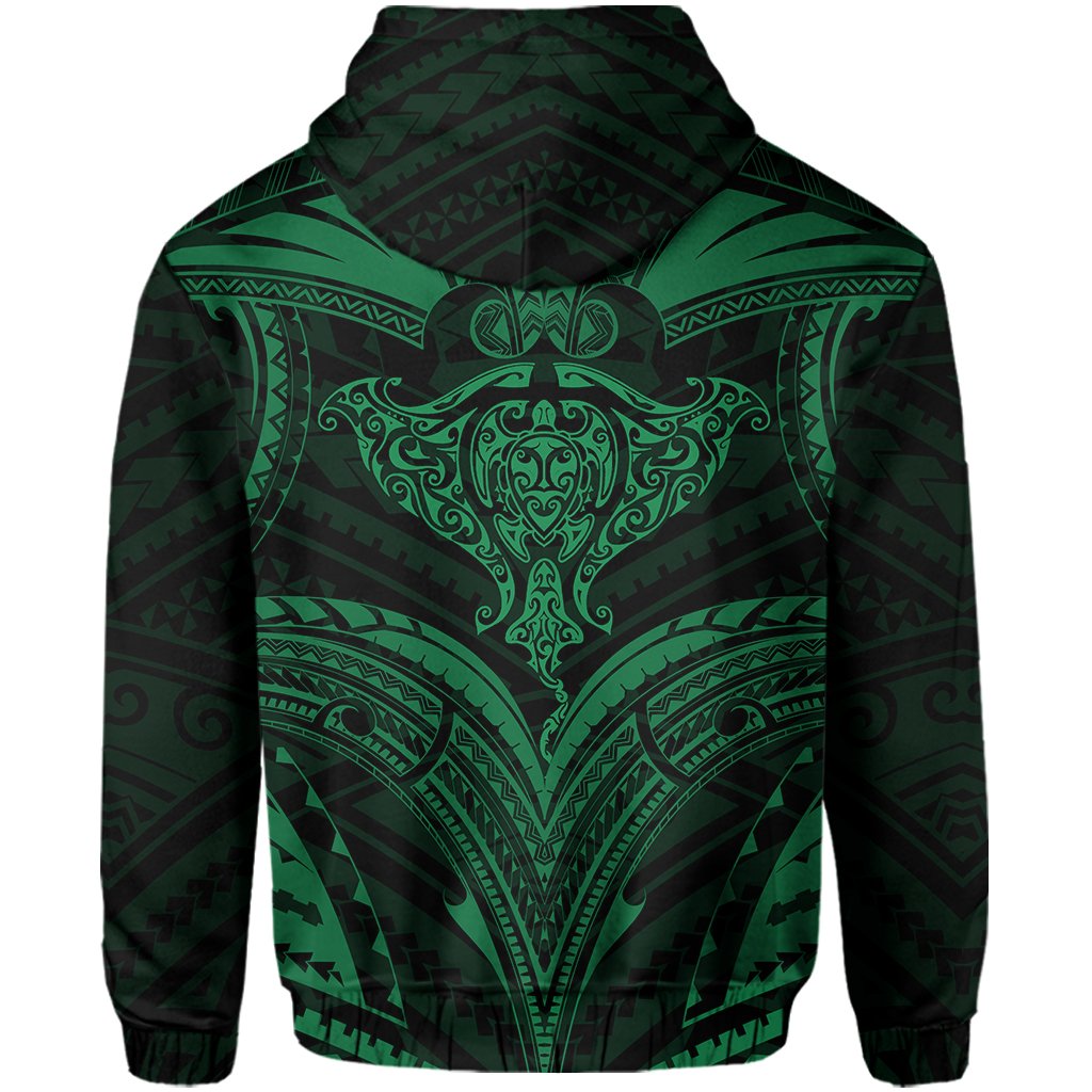 Polynesian Kanaka Shark Turtle Manta Ray Map of Hawaii Zip Hoodie Green - Polynesian Pride