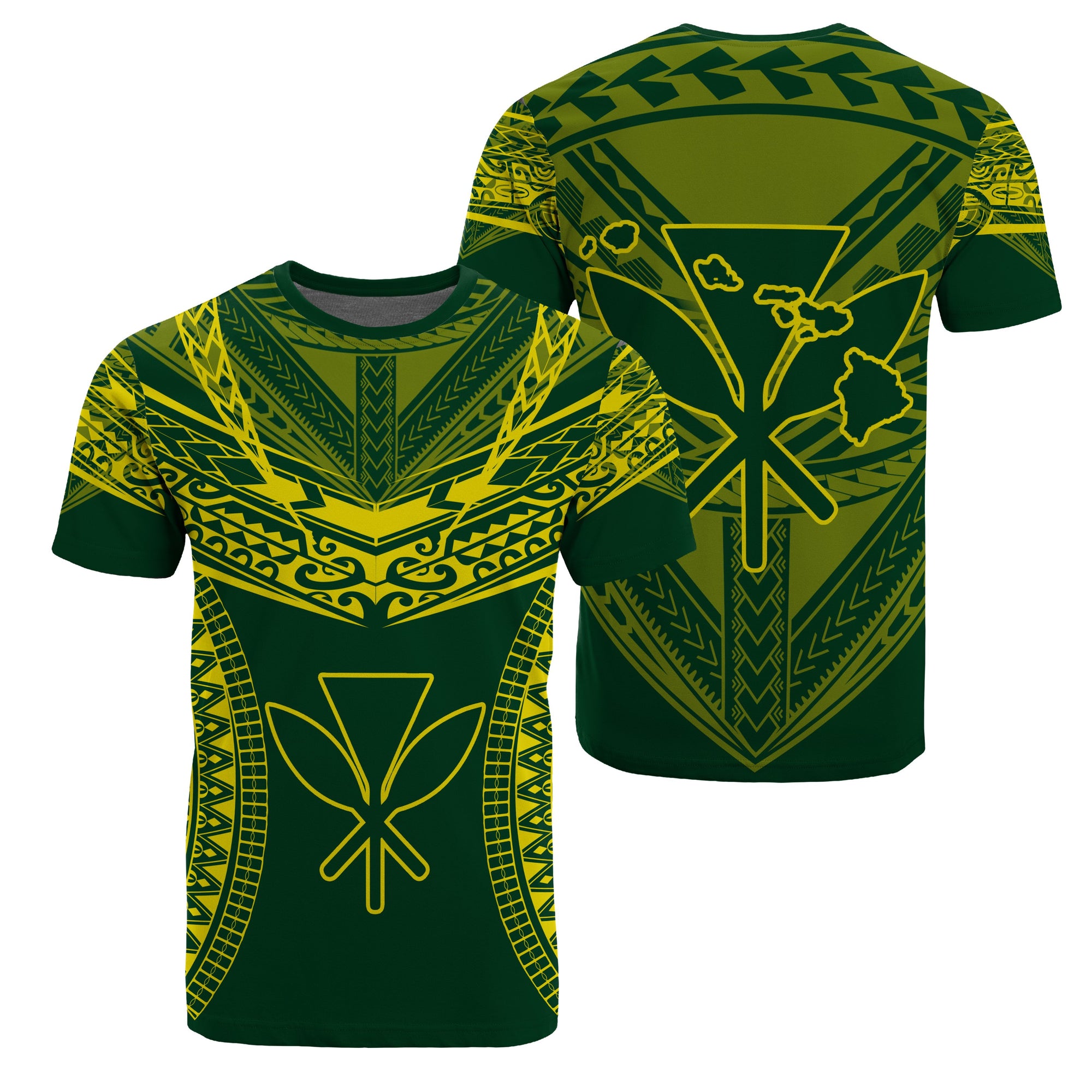 Hawaiian Kanaka Map Football Jersey T Shirt Green and Yellow Roger Style Unisex Green - Polynesian Pride