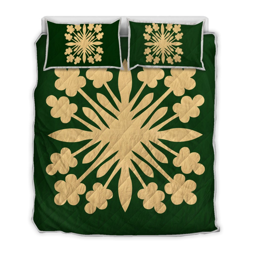 Hawaiian Royal Pattern Quilt Bed Set - Green - G2 Style - AH Green - Polynesian Pride