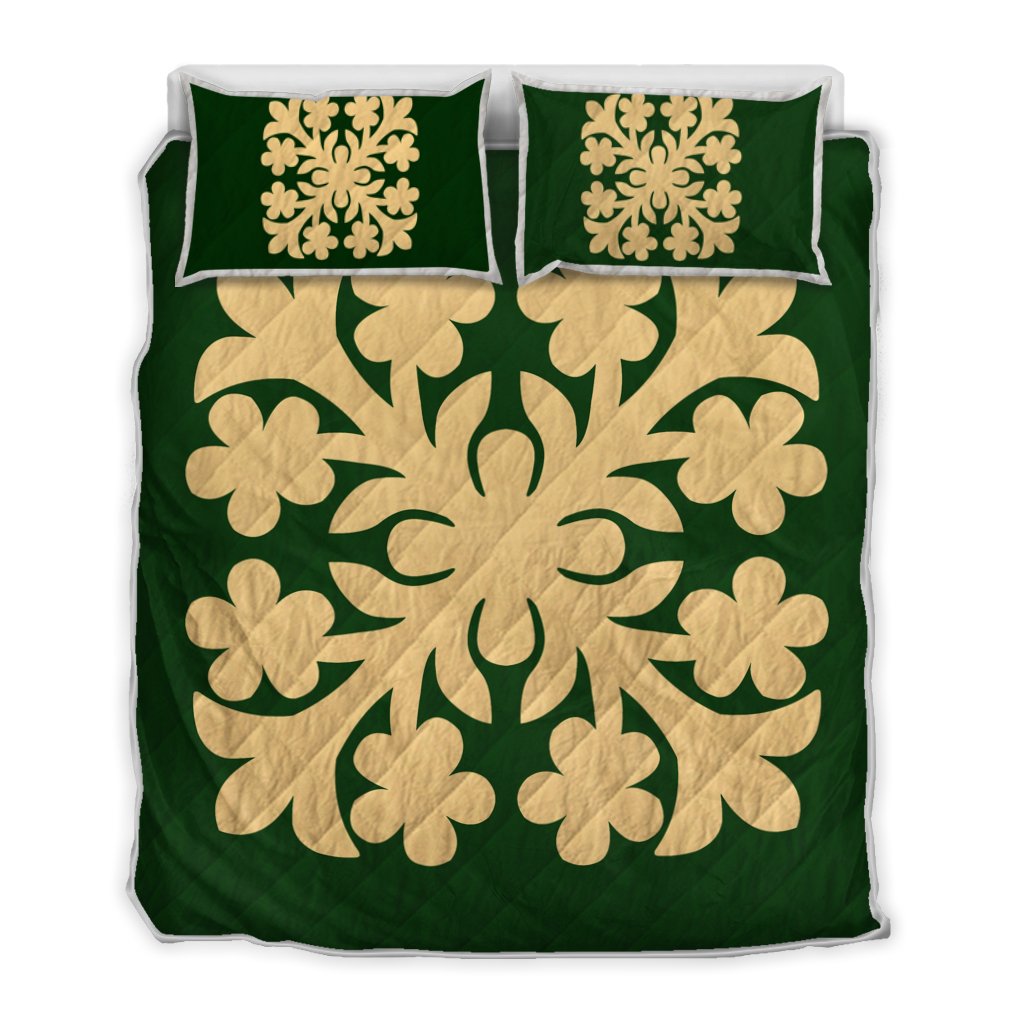 Hawaiian Royal Pattern Quilt Bed Set - Green - E1 Style - AH Green - Polynesian Pride