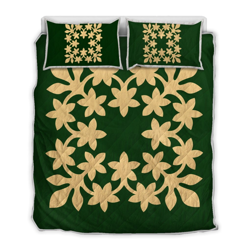 Hawaiian Royal Pattern Quilt Bed Set - Green - L3 Style - AH Green - Polynesian Pride