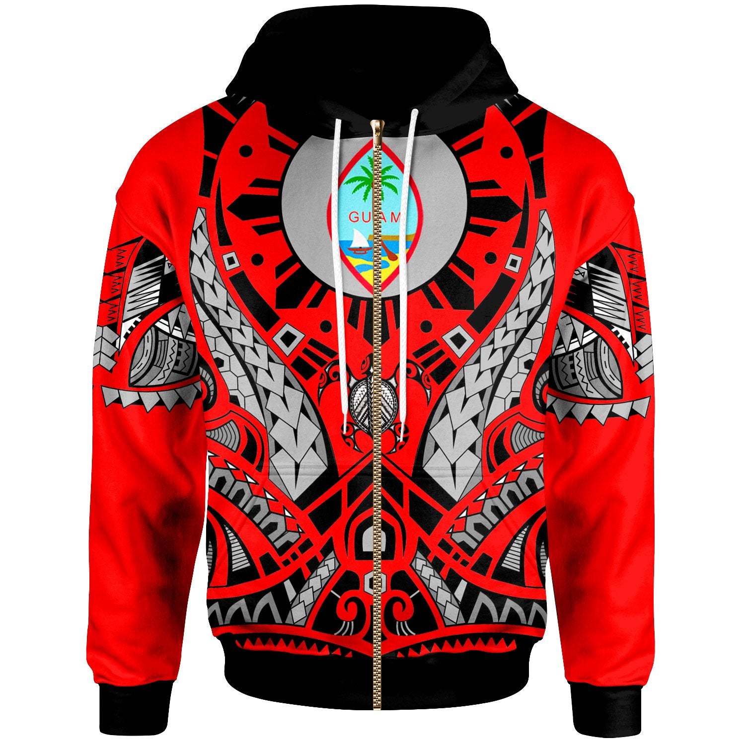 Guam Zip Hoodie Tribal Sun Tattoo Red Color Unisex Red - Polynesian Pride