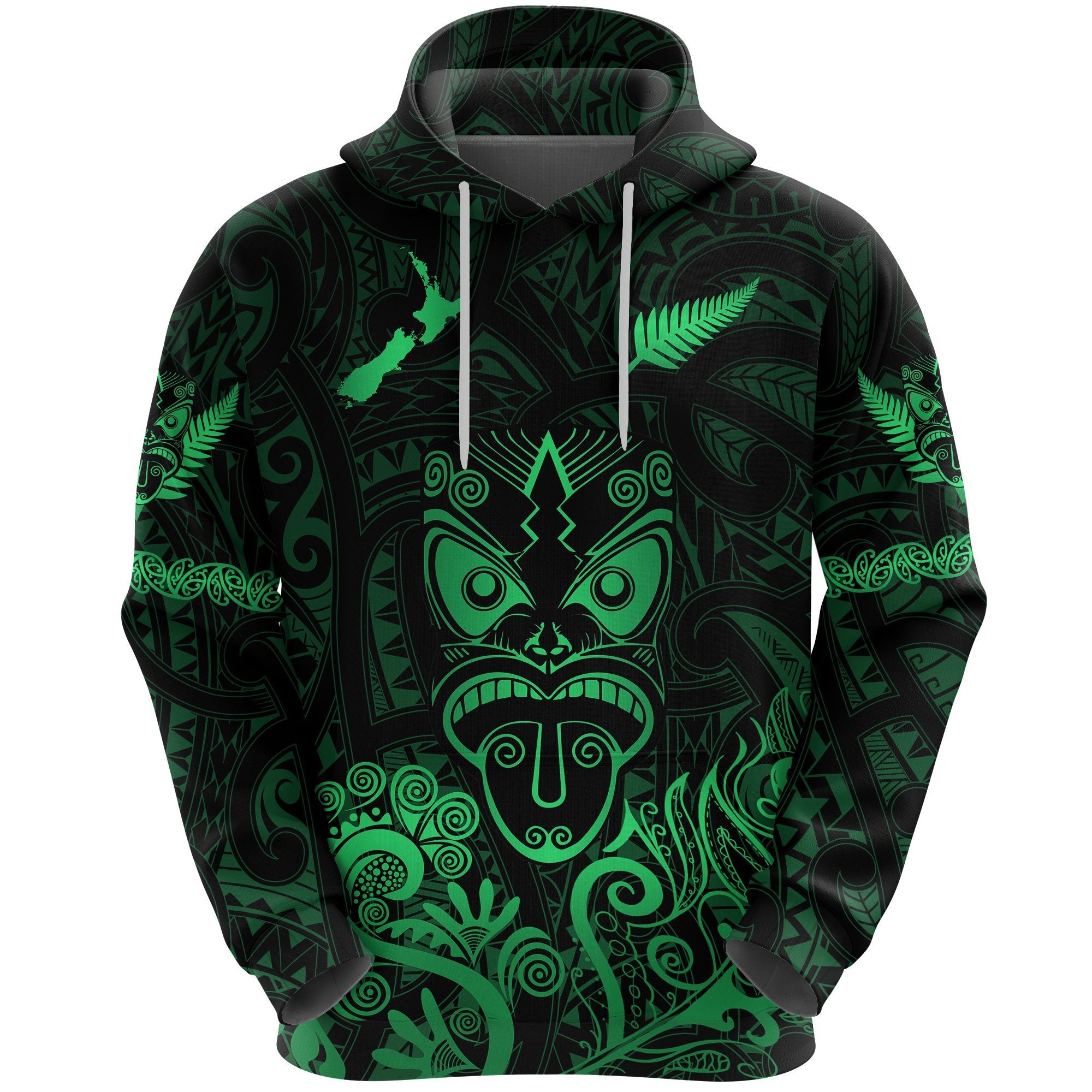 Maori Aotearoa Rugby Haka Hoodie New Zealand Silver Fern Green Unisex Green - Polynesian Pride