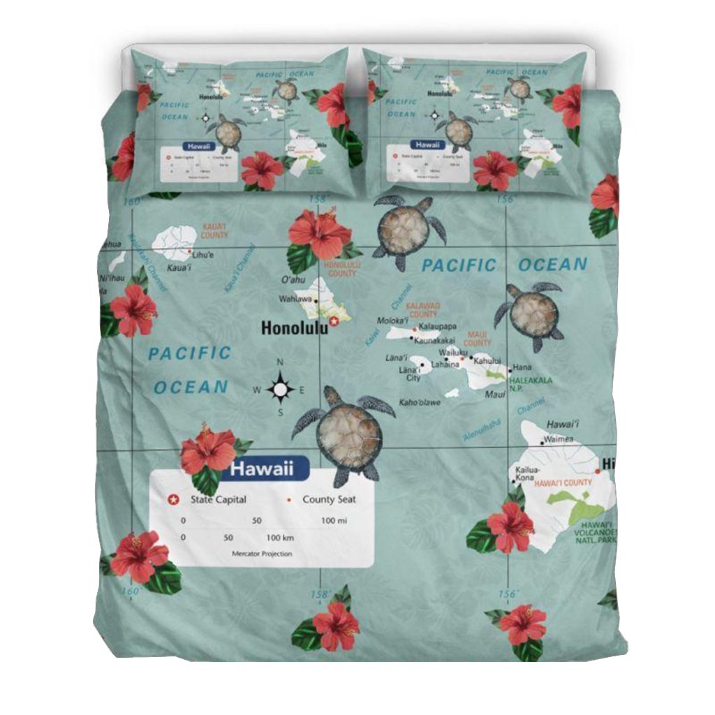 Hawaii Duvet Cover Set - Hawaii Turtle And Map Hawaii - Polynesian Pride
