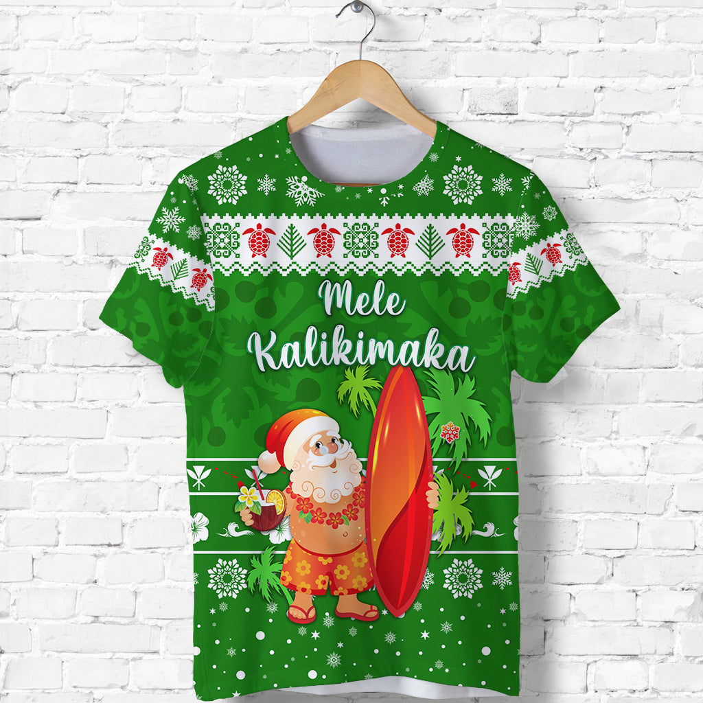 Hawaii Christmas T Shirt Santa Claus Surfing Simple Style Green LT8 - Polynesian Pride