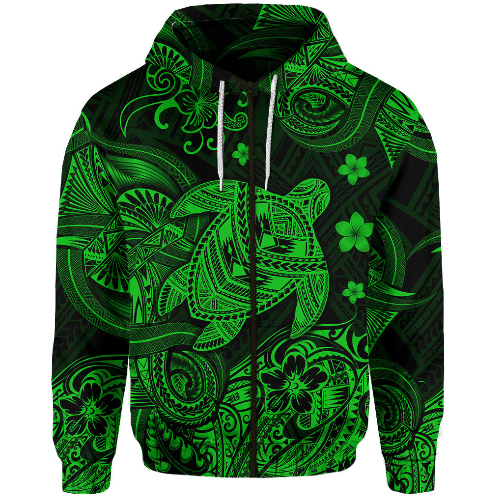 Hawaii Turtle Polynesian Zip Hoodie Plumeria Flower Unique Style Green LT8 - Polynesian Pride