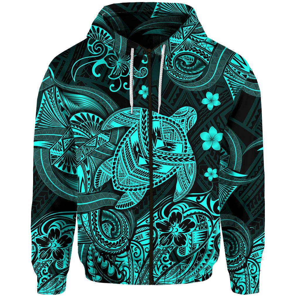 Hawaii Turtle Polynesian Zip Hoodie Plumeria Flower Unique Style Turquoise LT8 - Polynesian Pride