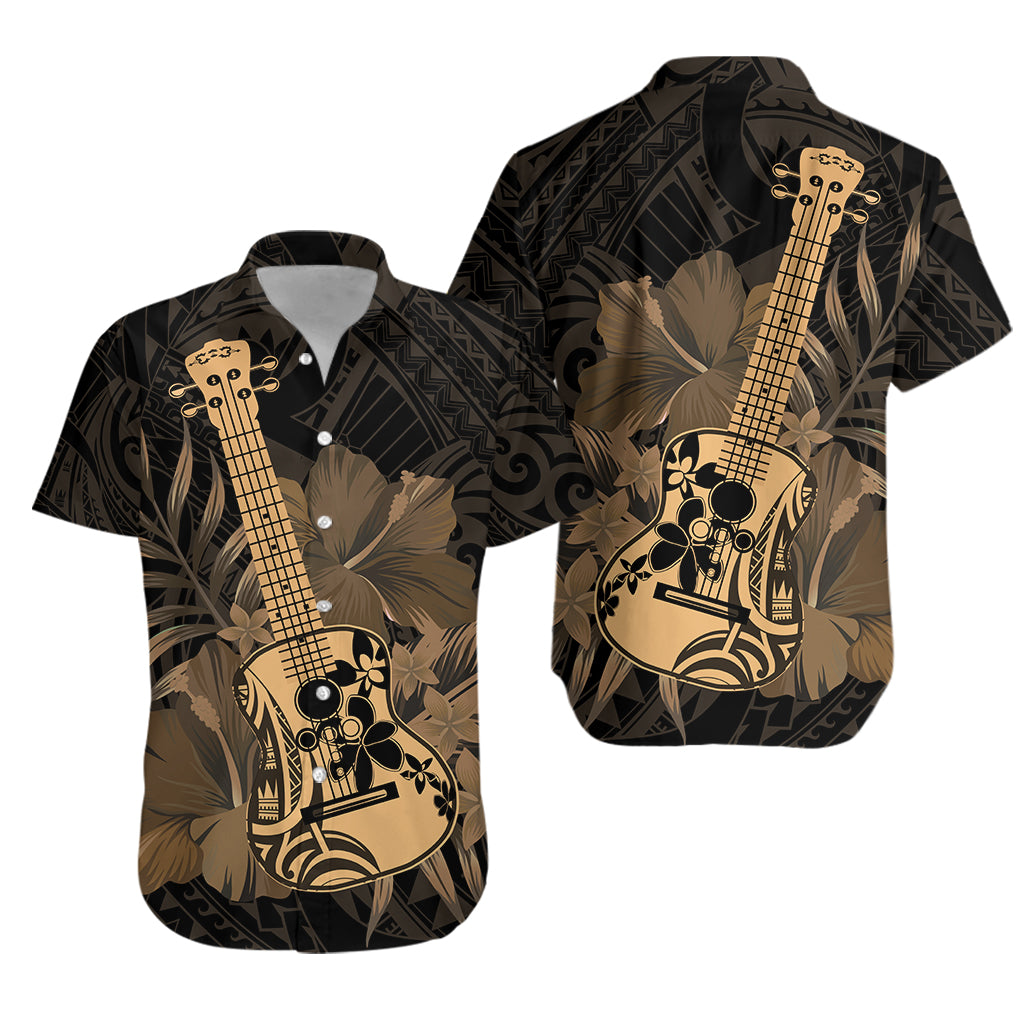 Hawaiian - Hawaii Ukulele 4 Strings Flower Hawaiian Shirt - Gold Unisex Black - Polynesian Pride