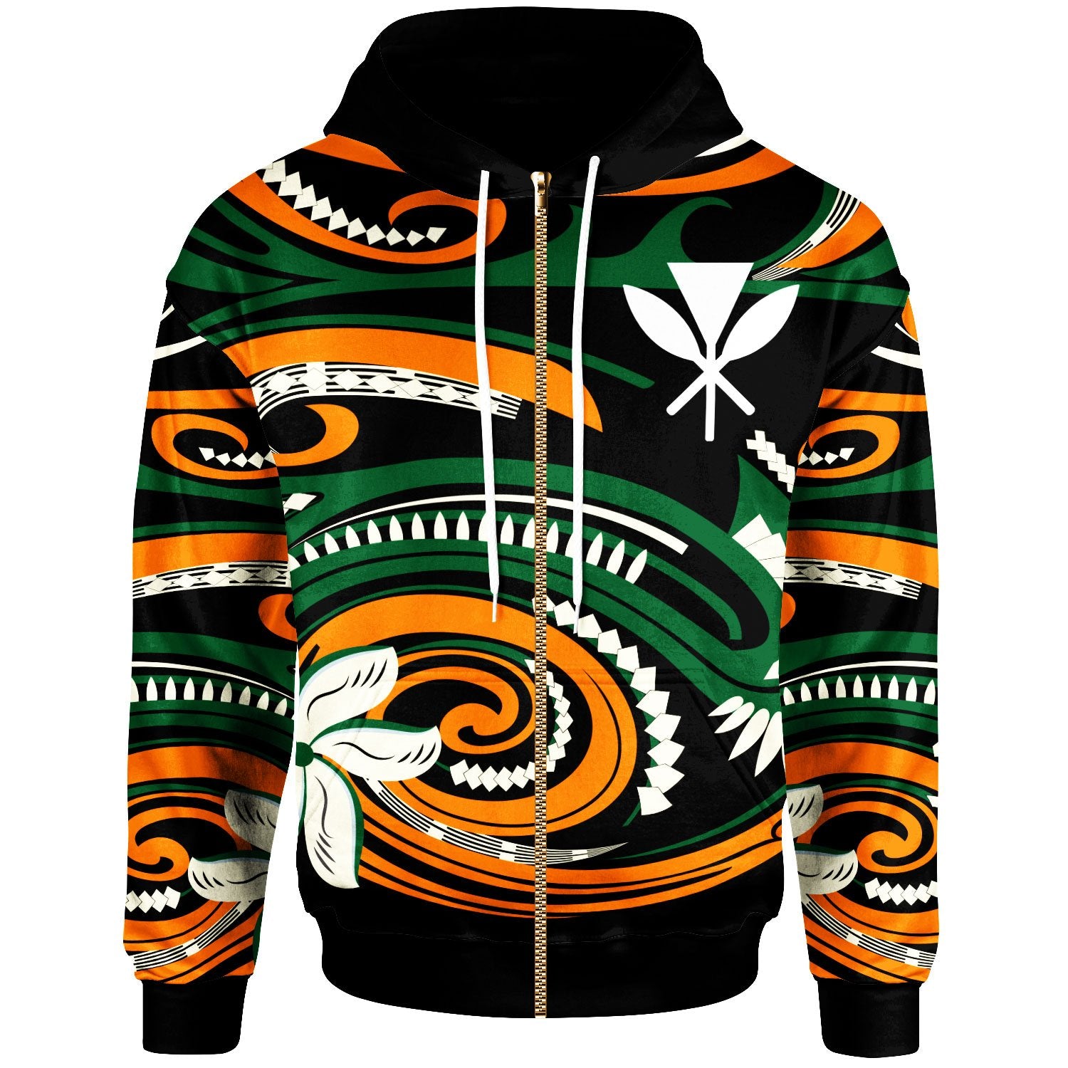 Hawaii Zip Hoodie Vortex Style Unisex Green Orange - Polynesian Pride