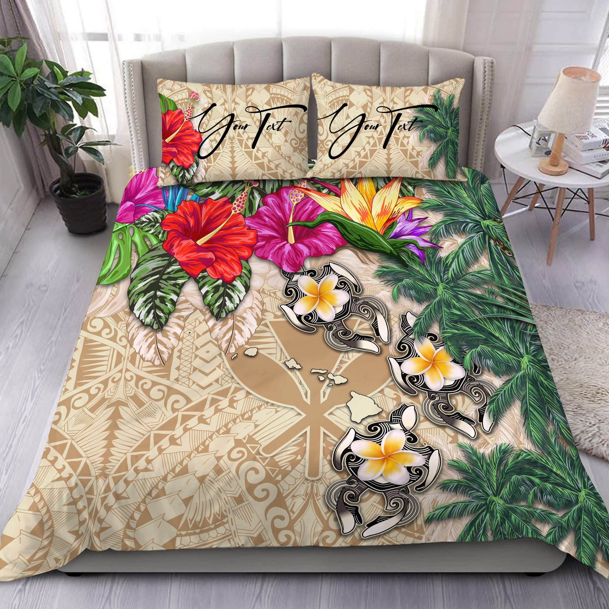 (Custom) Hawaii Bedding Set Hibiscus Turtle Beige Personal Signature Beige - Polynesian Pride