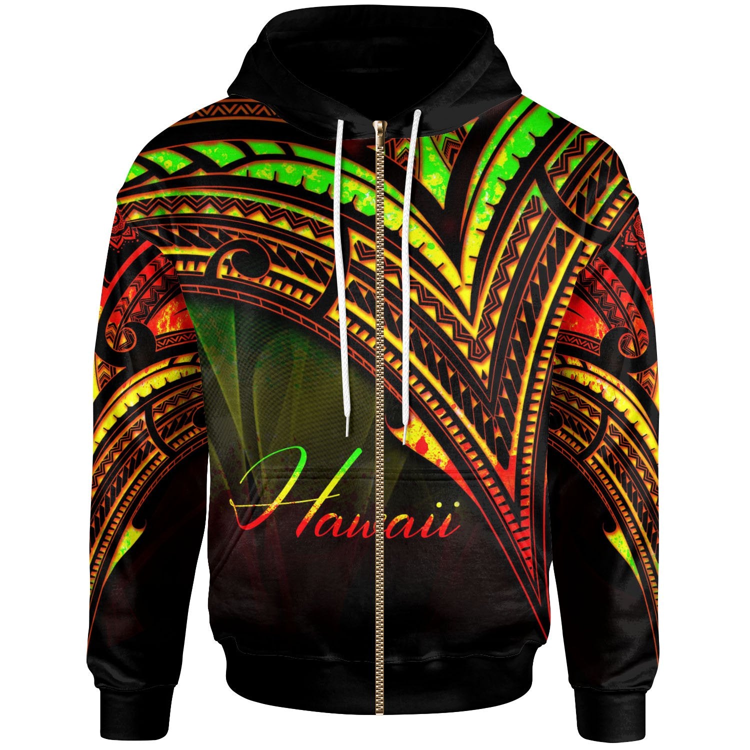 Hawaii Zip Hoodie Reggae Color Cross Style Unisex Black - Polynesian Pride