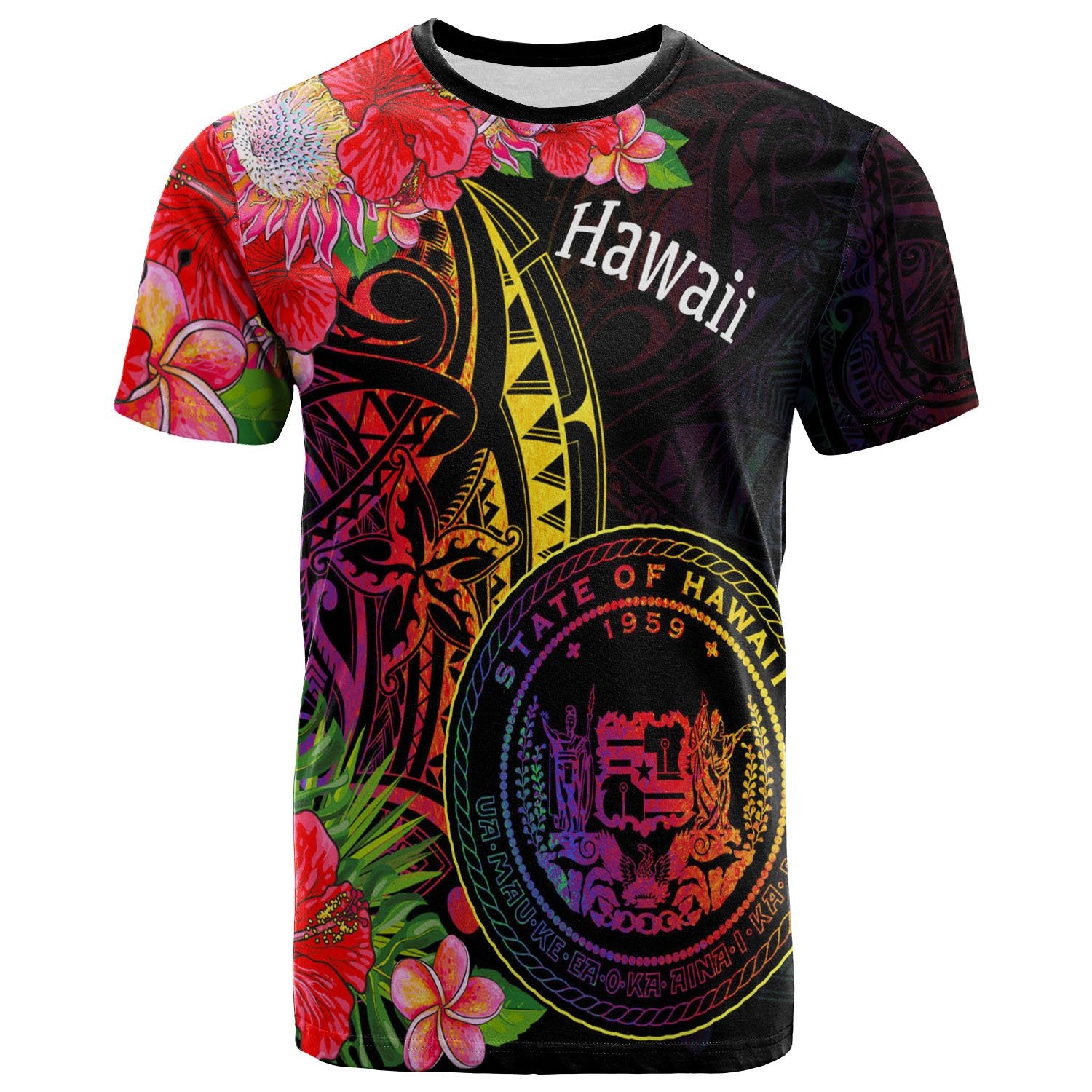 Hawaii T Shirt Tropical Hippie Style Unisex Black - Polynesian Pride