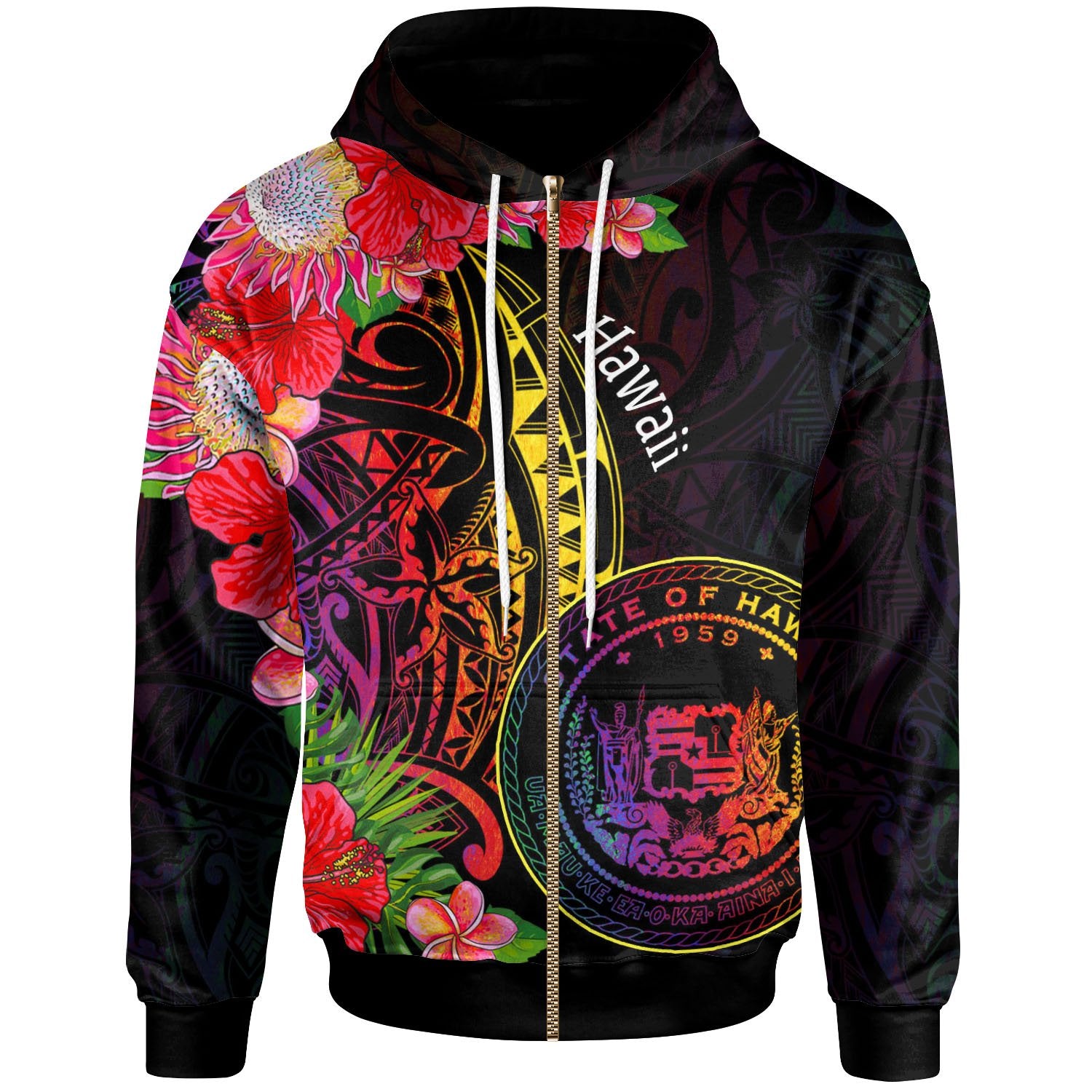 Hawaii Zip Hoodie Tropical Hippie Style Unisex Black - Polynesian Pride