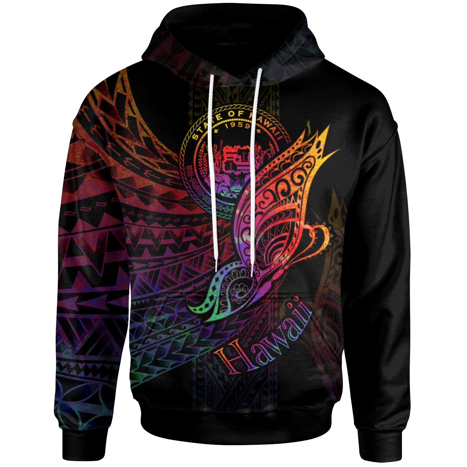 Hawaii Hoodie Butterfly Polynesian Style Unisex Black - Polynesian Pride