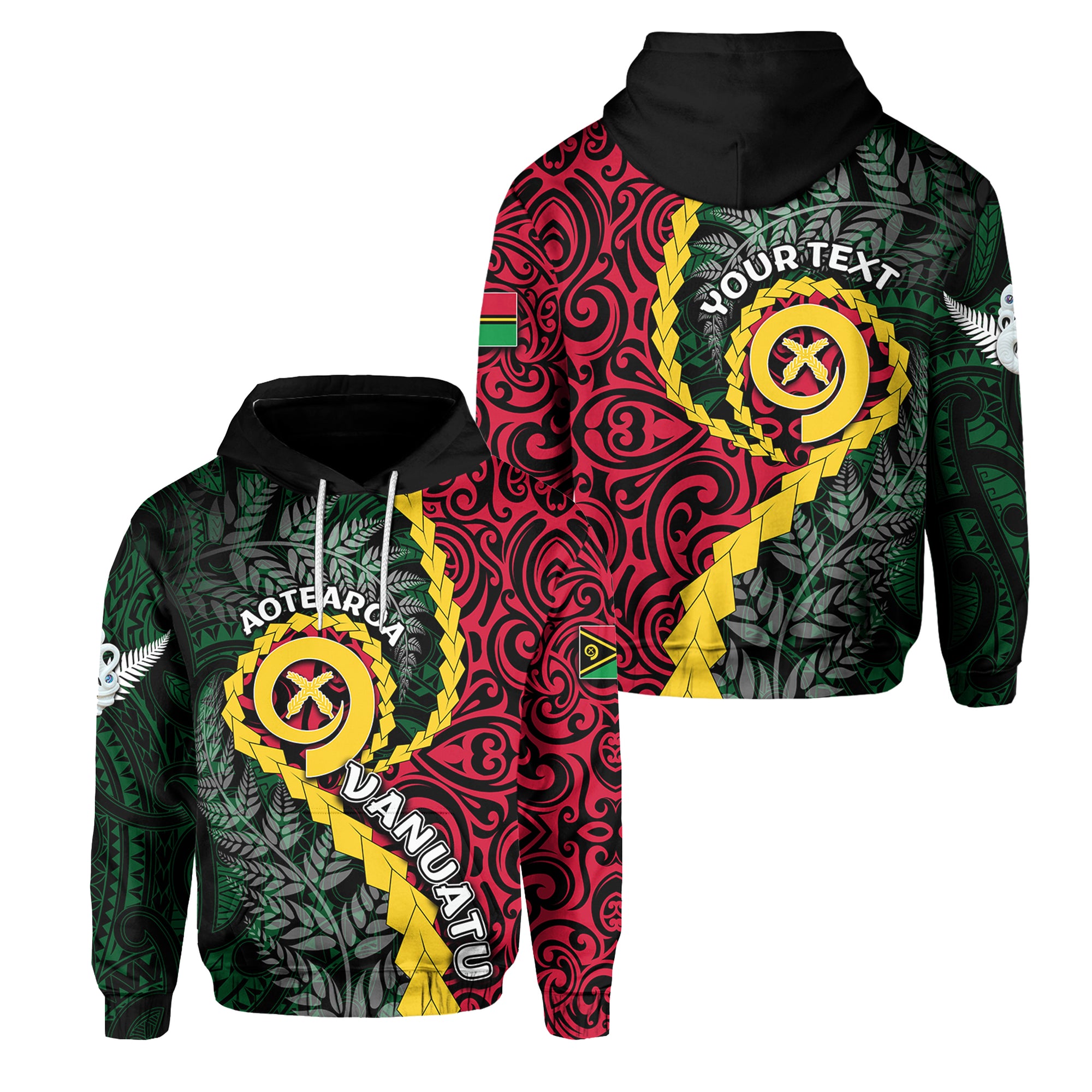 Custom Vanuatu All Over Hoodie Mix Maori Silver Fern LT6 Unisex Red - Polynesian Pride