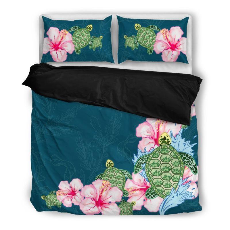 Hawaiian Duvet Cover Set - Hibiscus & Turtle Pattern - Polynesian Pride