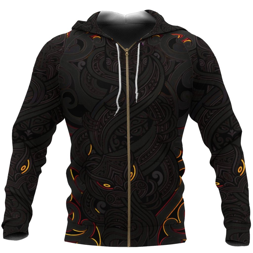 New Zealand Zip up Hoodie, Maori Gods Zipper Hoodie, Tumatauenga (God of War) Black Unisex Black - Polynesian Pride