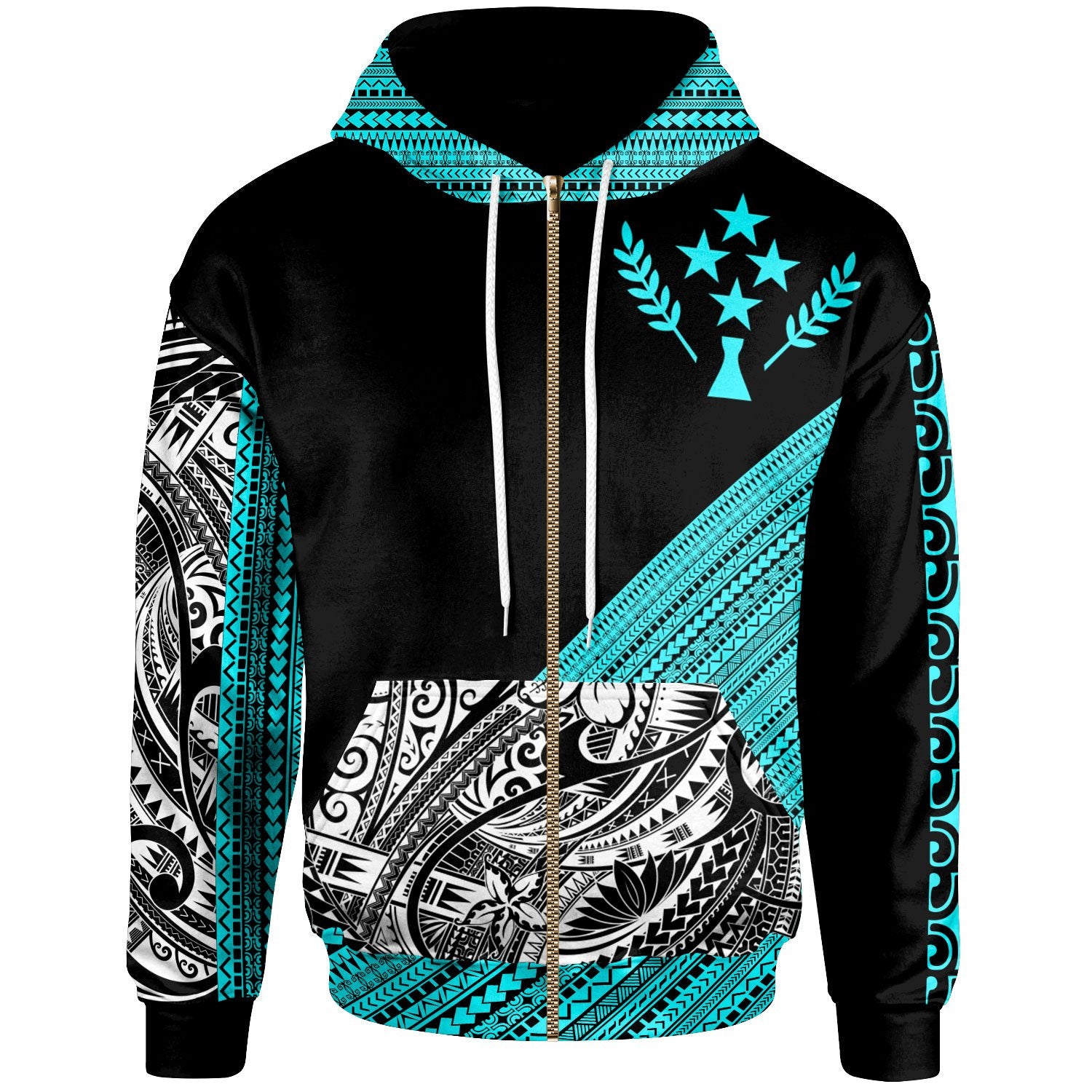 Kosrae Custom Zip Hoodie Diagonal Pattern White Blue Unisex Black - Polynesian Pride