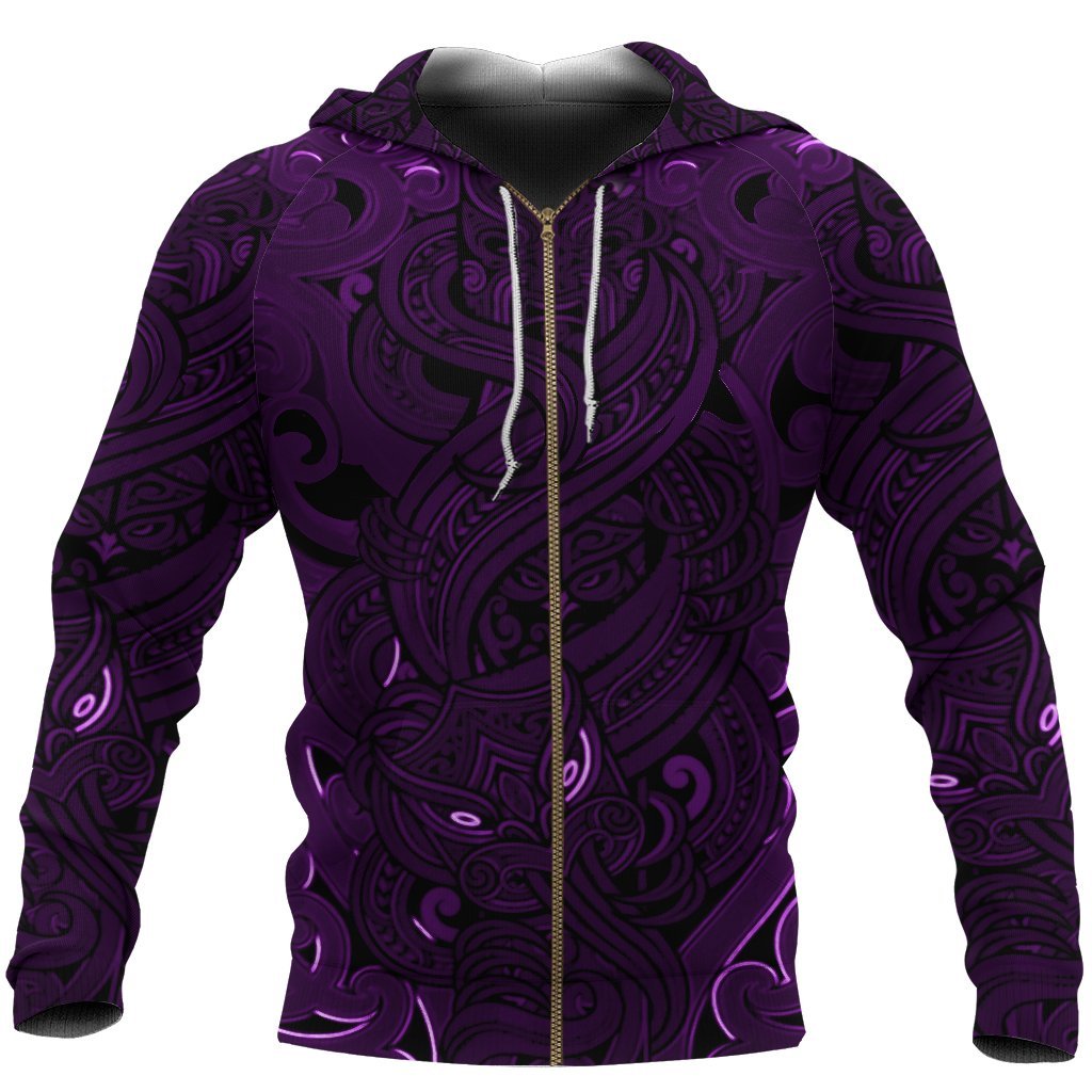 New Zealand Zip up Hoodie, Maori Gods Zipper Hoodie, Tumatauenga (God of War) Purple Unisex Black - Polynesian Pride