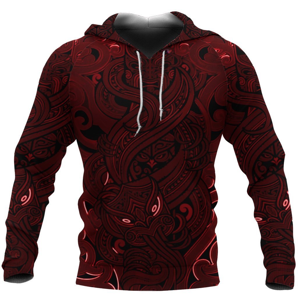 New Zealand Hoodie, Maori Gods Pullover Hoodie, Tumatauenga (God of War) Red Unisex Black - Polynesian Pride