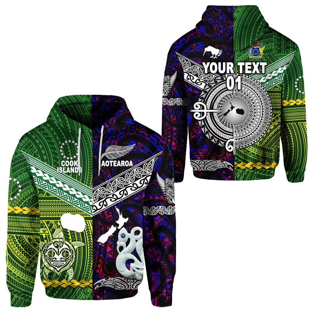 Custom New Zealand Cook Islands Hoodie Maori and Polynesian Together Purple, Custom Text and Number LT8 Unisex Green - Polynesian Pride