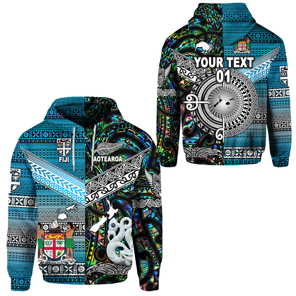 Custom New Zealand Fiji Hoodie Maori and Tapa Together Green, Custom Text and Number LT8 Unisex Blue - Polynesian Pride