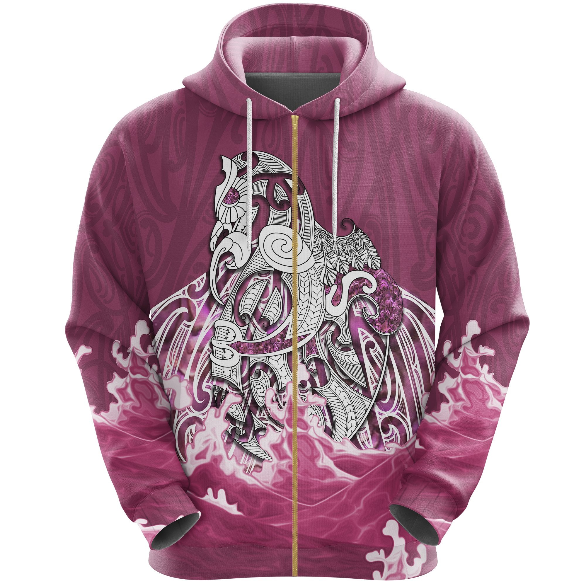 Maori Manaia The Blue Sea Zip Hoodie, Pink Unisex Black - Polynesian Pride